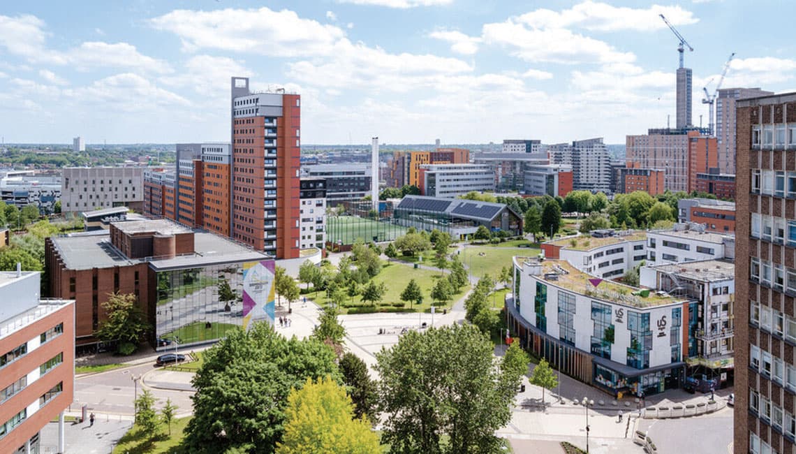 Aerial view of city-centre green campus