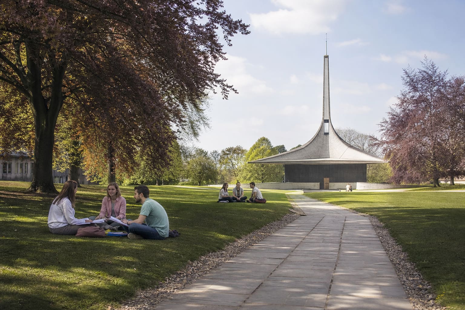 Parkland campus on a spring afternoon — the setting shared by several plate-glass universities on this list